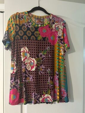 Johnny Was Multicolor Floral Patchwork Short Sleeve Tee - Pink, Teal, Black